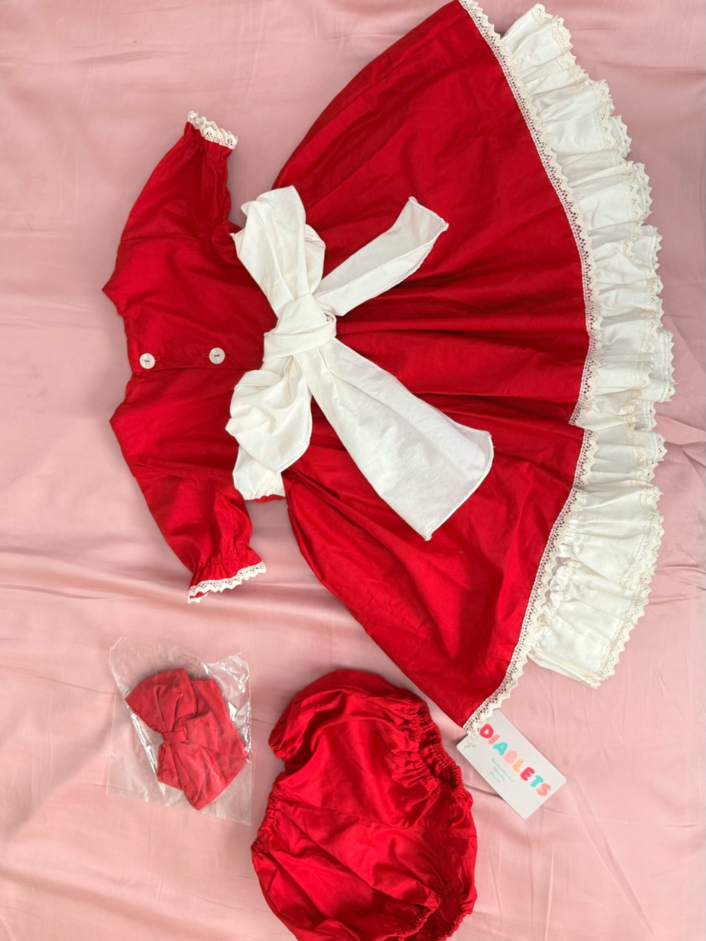 Red Lace Trim Baby Dress with Matching Bloomers - Picture 3 of 3